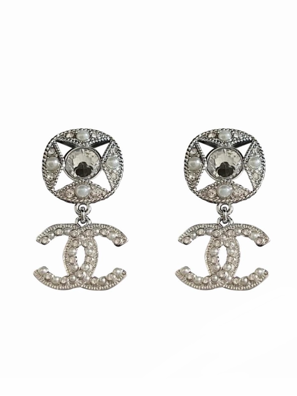 CHANEL Crystal Pearl CC Drop Earrings Silver